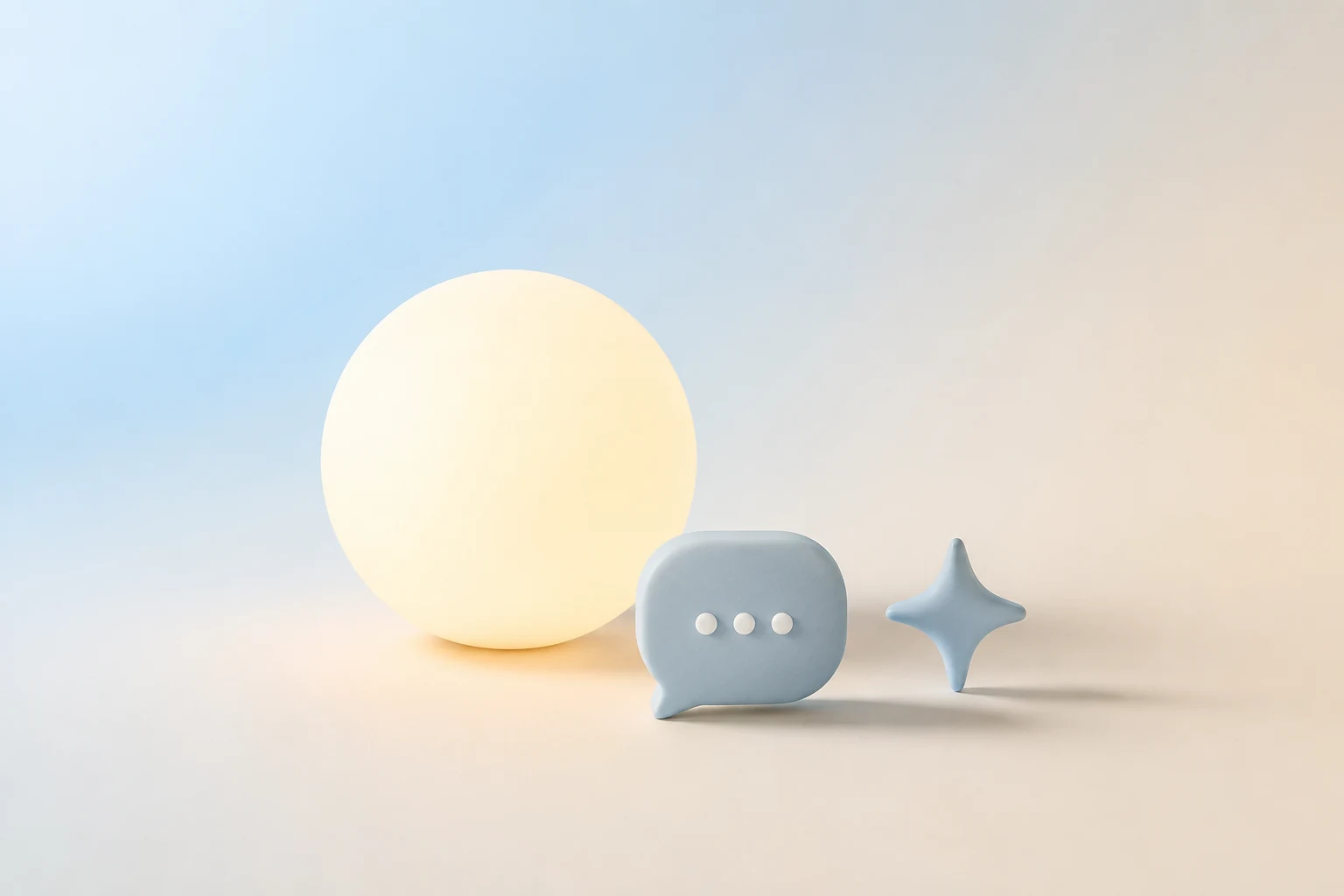 Ilustración minimalista en tonos azules pastel: una esfera, un bocadillo y un destello.
