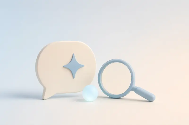 Ilustración minimalista en tonos azules pastel: un bocadillo con destello, una esfera y una lupa.