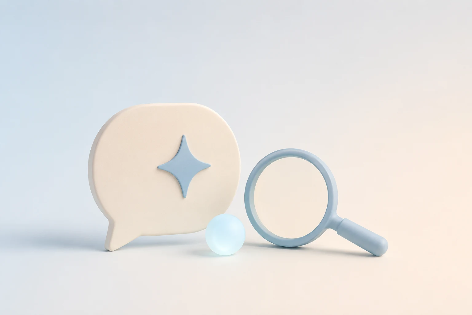 Ilustración minimalista en tonos azules pastel: un bocadillo con destello, una esfera y una lupa.