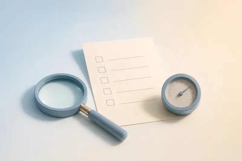 Ilustración minimalista en tonos azules pastel: una lupa, una lista y un indicador.