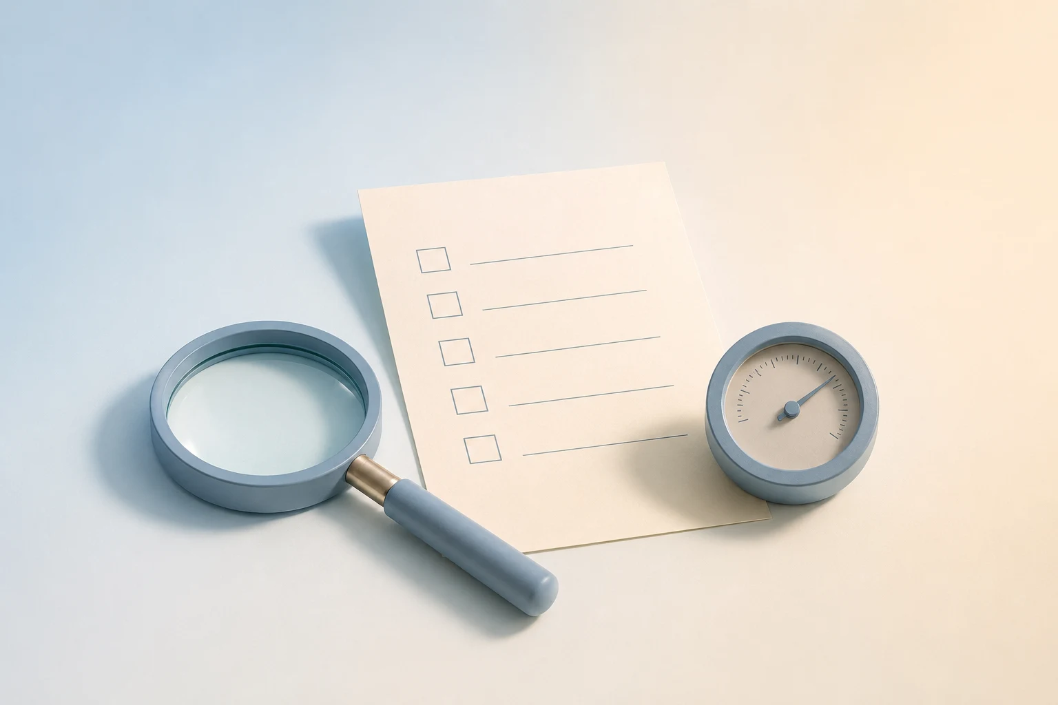 Ilustración minimalista en tonos azules pastel: una lupa, una lista y un indicador.