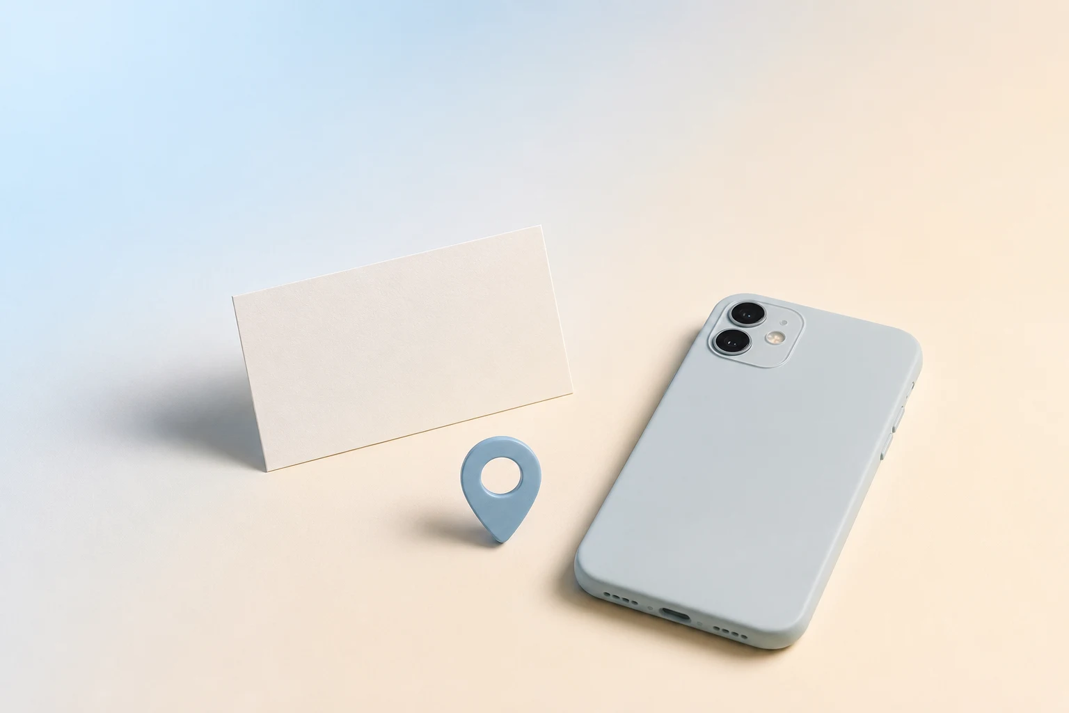 Ilustración minimalista en tonos azules pastel: una tarjeta, un marcador y un teléfono.