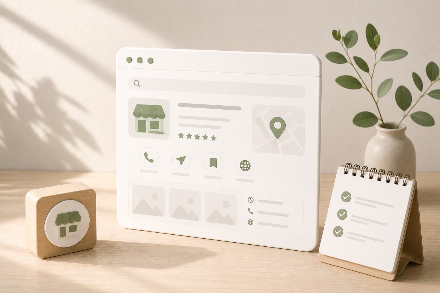Interfaz digital de negocio local en escritorio minimalista