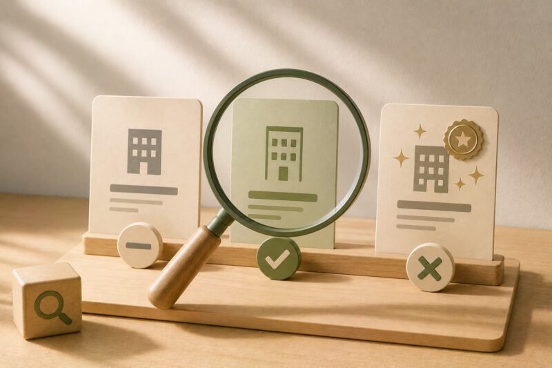 Lupa evaluando edificio entre varias opciones