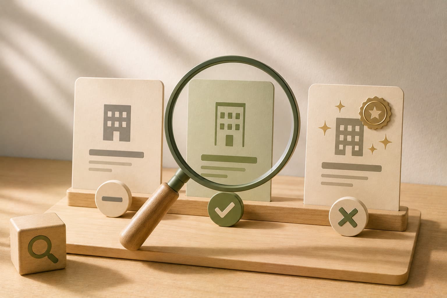 Lupa evaluando edificio entre varias opciones
