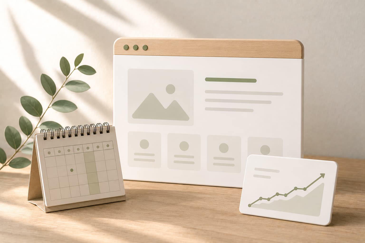 Escritorio minimalista con calendario y gráficos de crecimiento