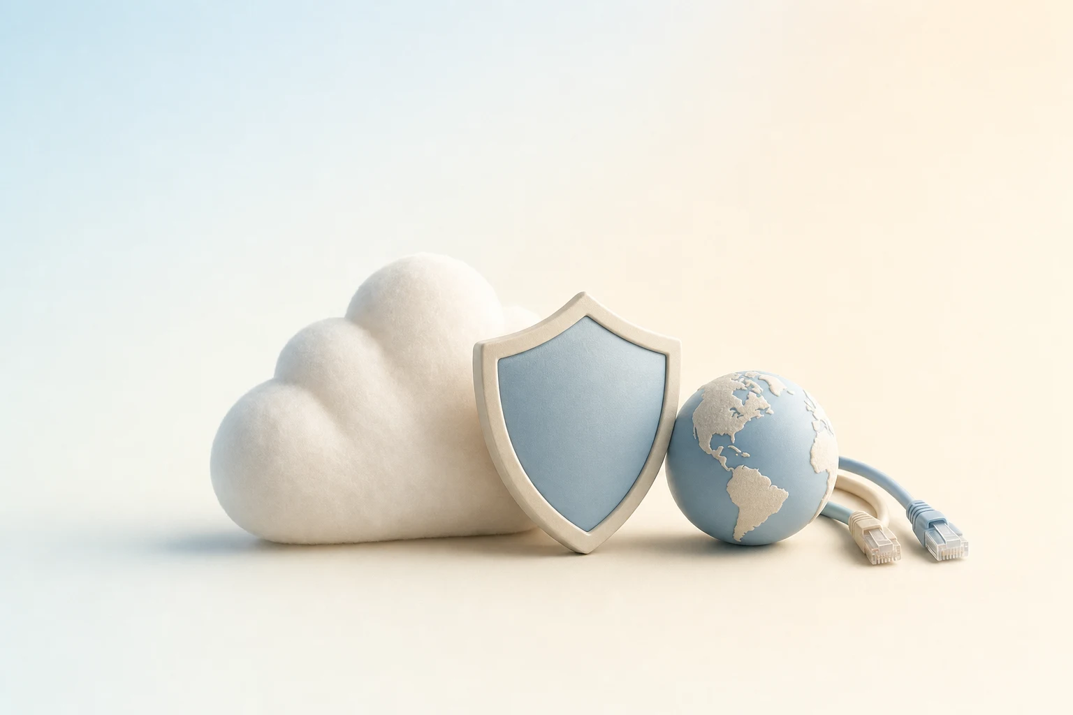 Ilustración minimalista en tonos azules pastel: una nube, un escudo y un globo.