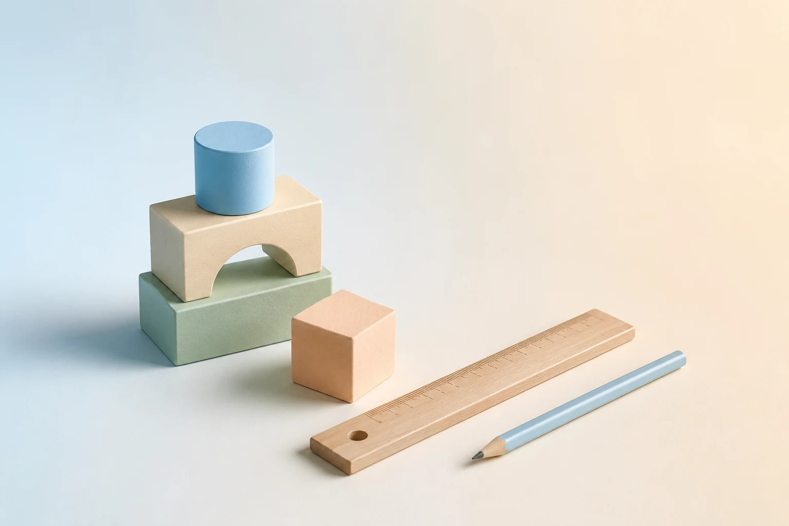 Ilustración minimalista en tonos azules pastel: bloques, una regla y un lápiz.