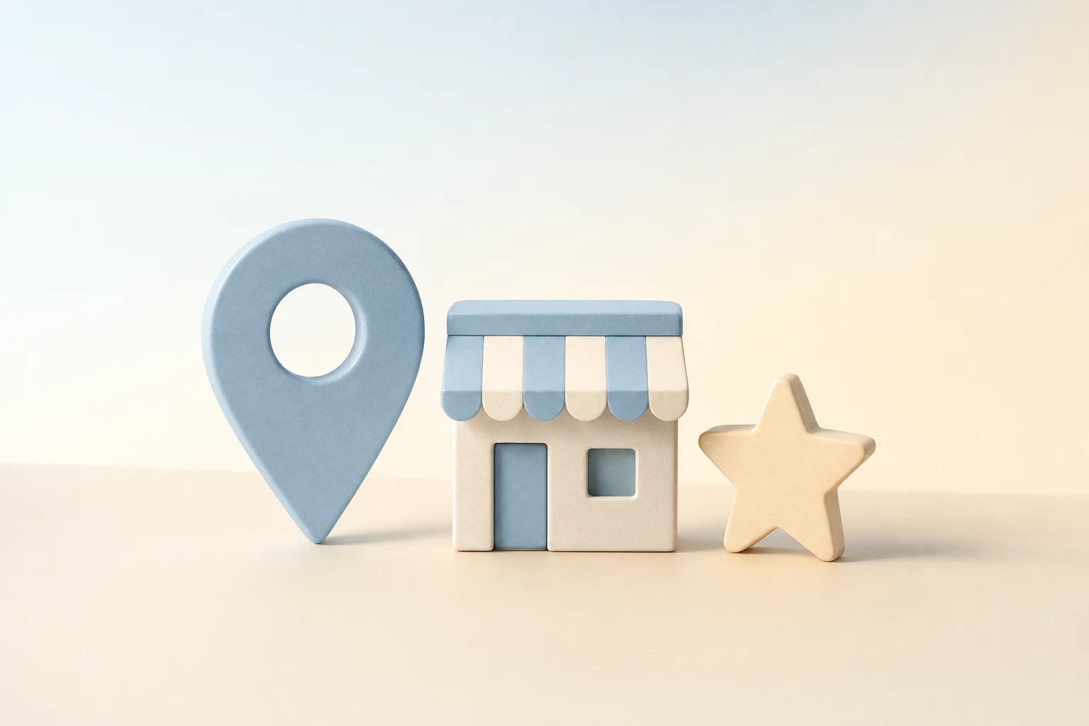 Ilustración minimalista en tonos azules pastel: un marcador, una tienda y una estrella.
