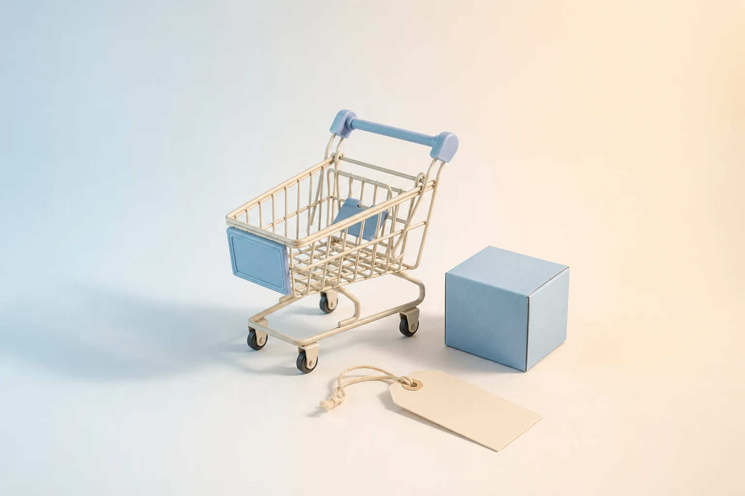 Ilustración minimalista en tonos azules pastel: un carrito, una caja y una etiqueta.