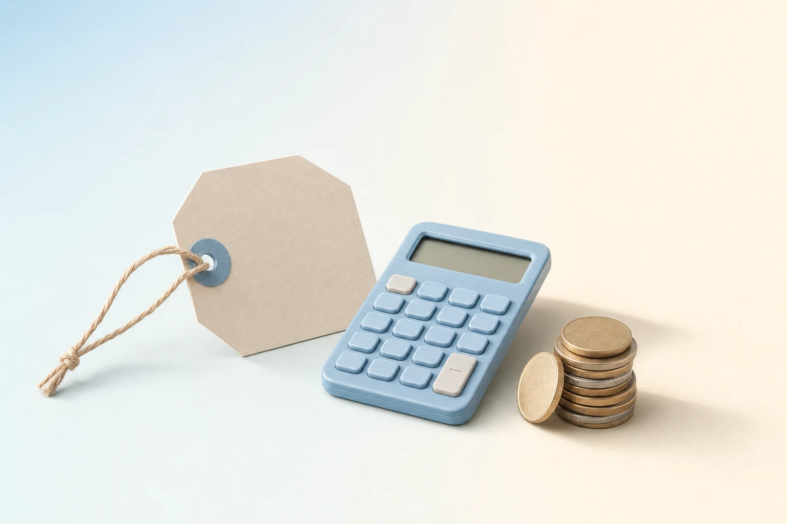 Ilustración minimalista en tonos azules pastel: una etiqueta, una calculadora y monedas.