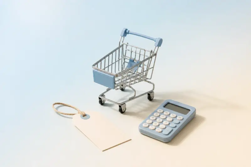 Ilustración minimalista en tonos azules pastel: un carrito, una etiqueta y una calculadora.