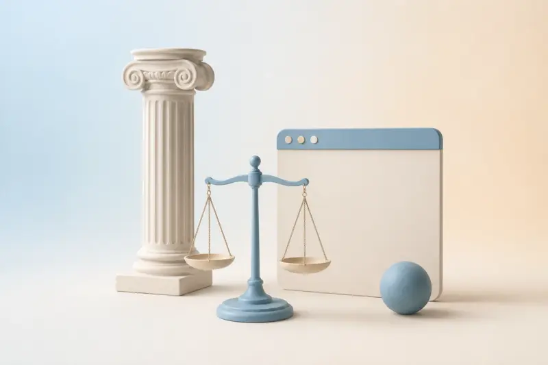 Ilustración minimalista en tonos azules pastel: una columna, una balanza y un navegador.