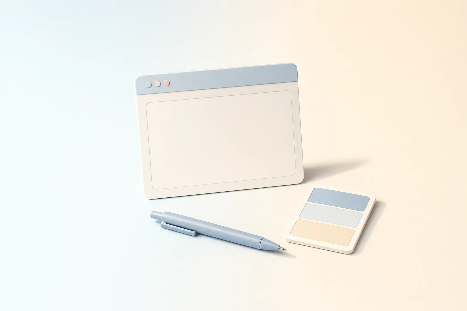 Ilustración minimalista en tonos azules pastel: un navegador, una muestra de color y un lápiz.