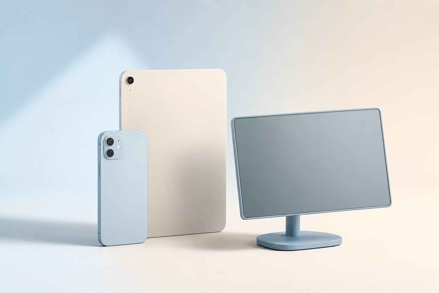 Ilustración minimalista en tonos azules pastel: un móvil, una tablet y un monitor.