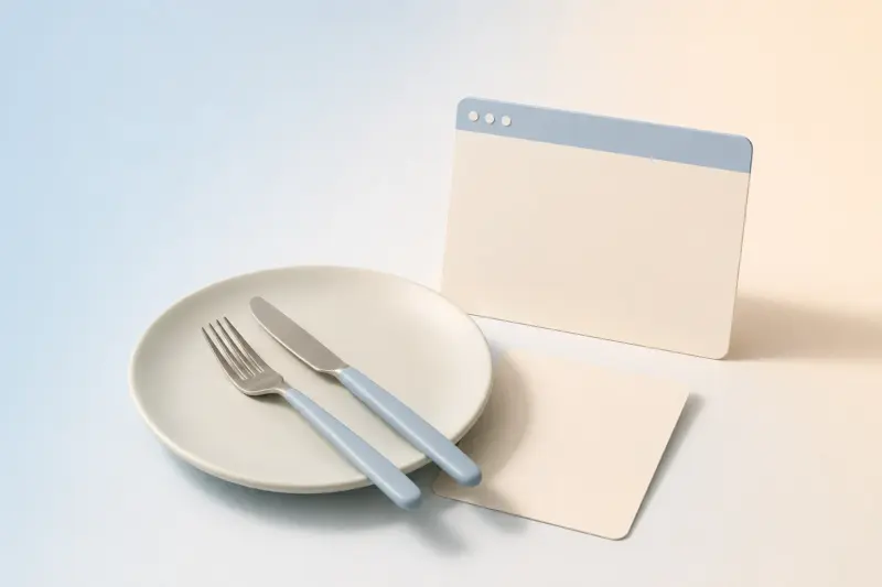 Ilustración minimalista en tonos azules pastel: un plato, un menú y un navegador.