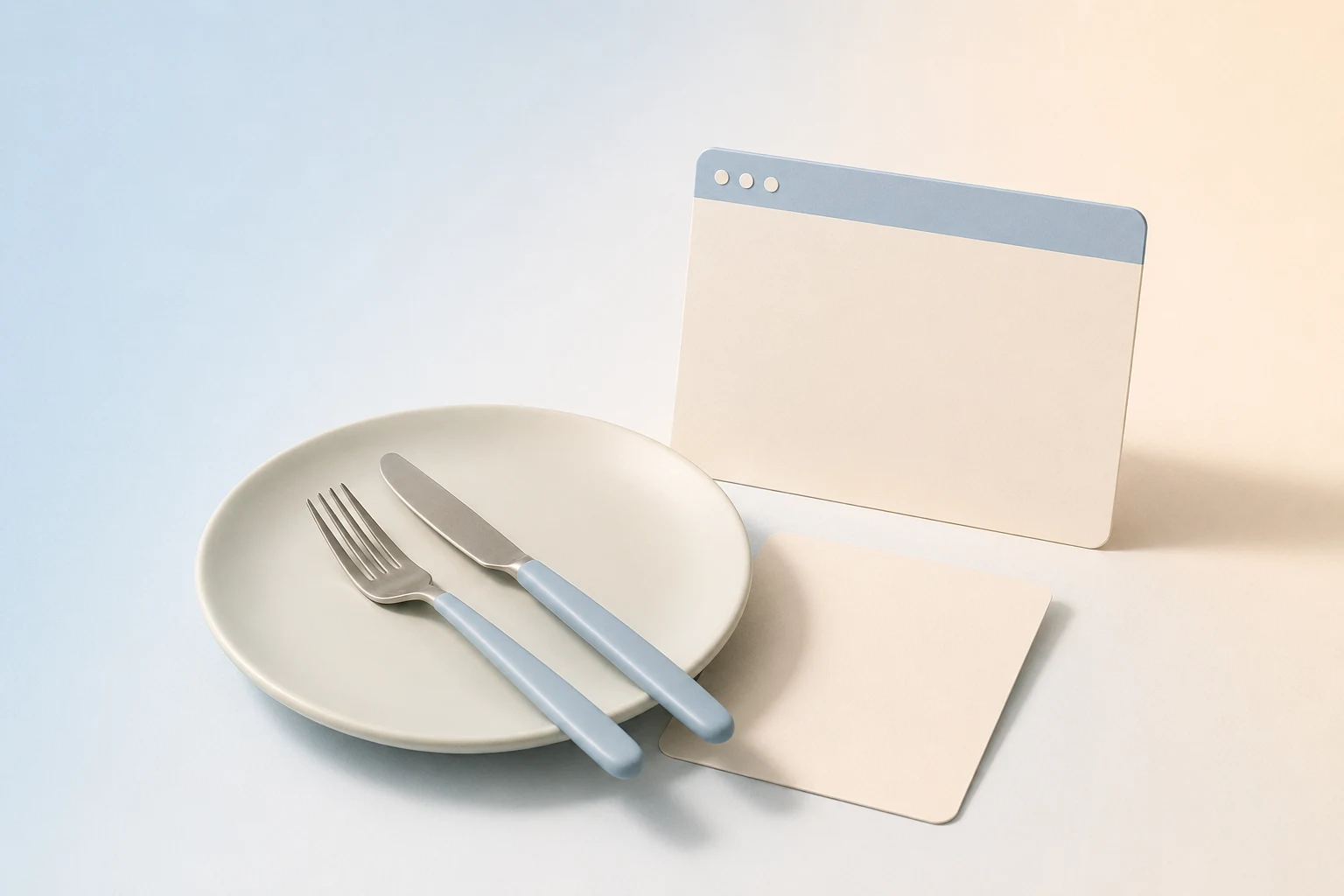 Ilustración minimalista en tonos azules pastel: un plato, un menú y un navegador.