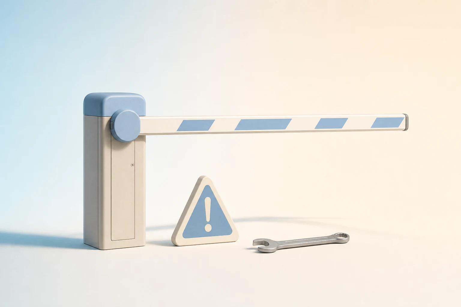 Ilustración minimalista en tonos azules pastel: una barrera, un aviso y una llave.