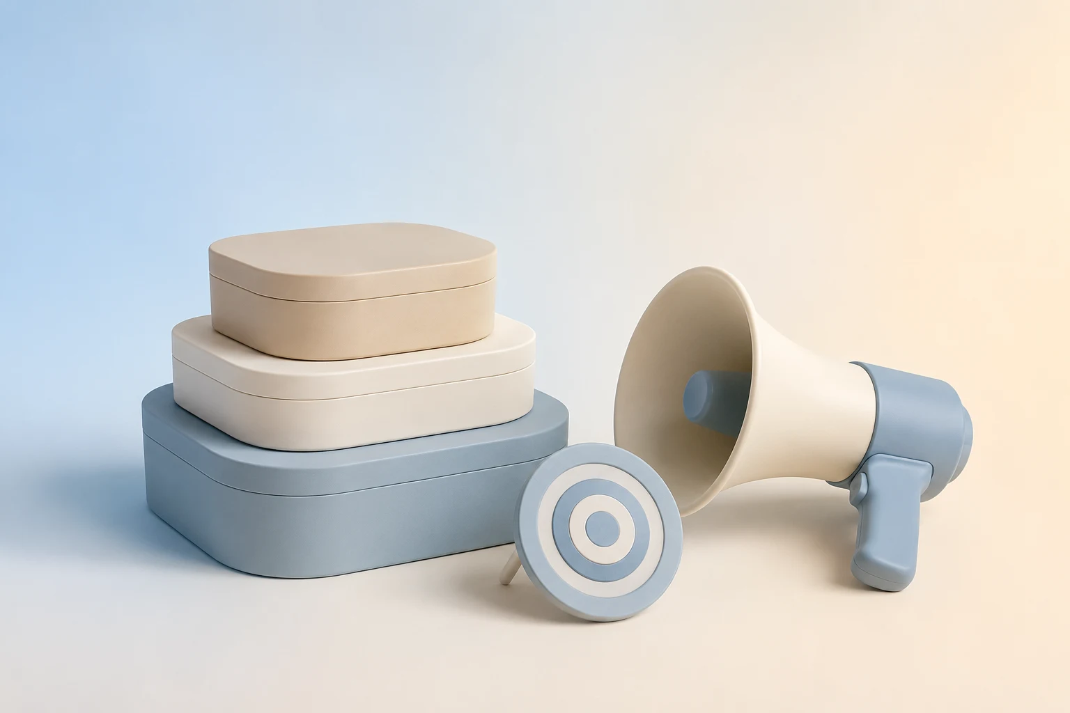 Ilustración minimalista en tonos azules pastel: cajas anidadas, una diana y un megáfono.