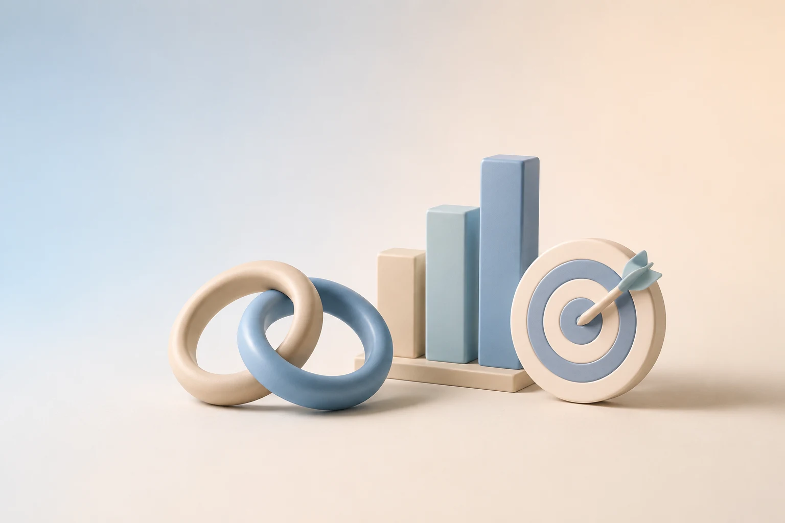 Ilustración minimalista en tonos azules pastel: dos anillos, un gráfico y una diana.