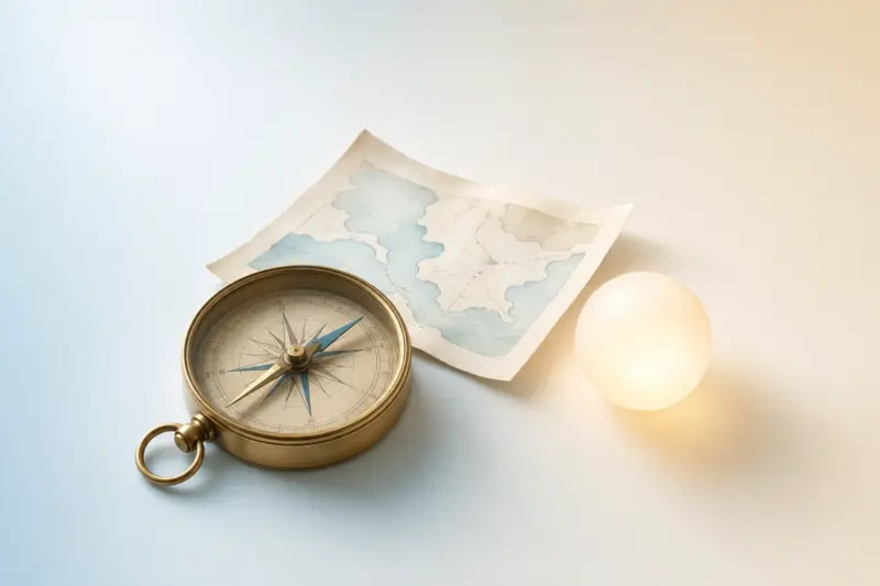 Ilustración minimalista en tonos azules pastel: una brújula, un mapa y una esfera.