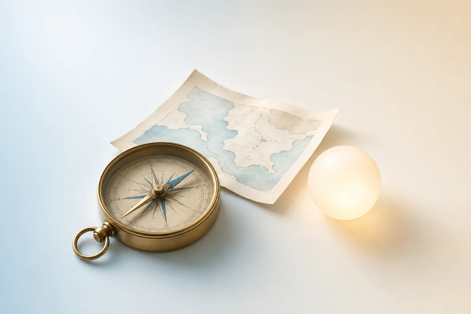 Ilustración minimalista en tonos azules pastel: una brújula, un mapa y una esfera.