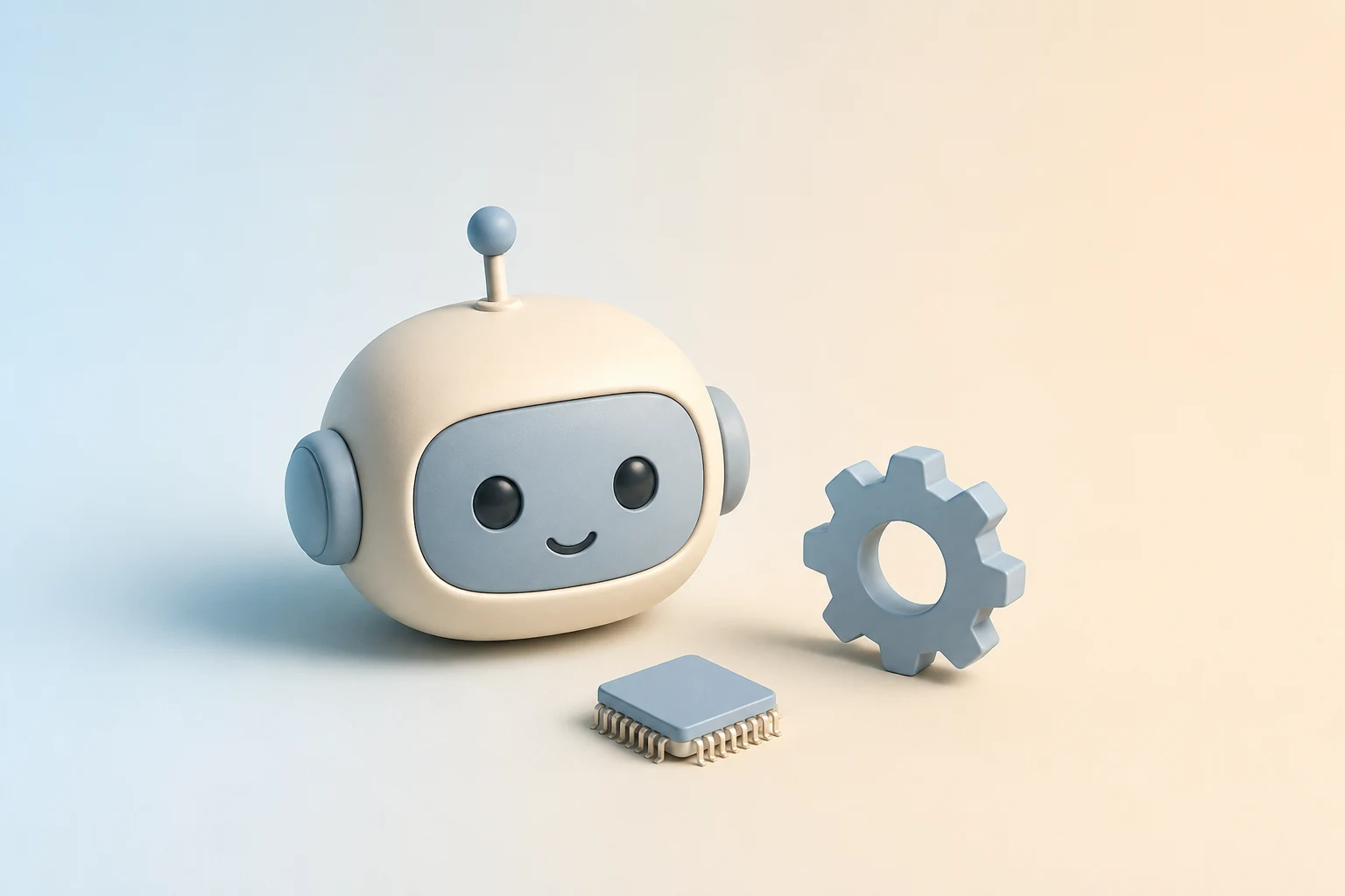 Ilustración minimalista en tonos azules pastel: un robot, un chip y un engranaje.