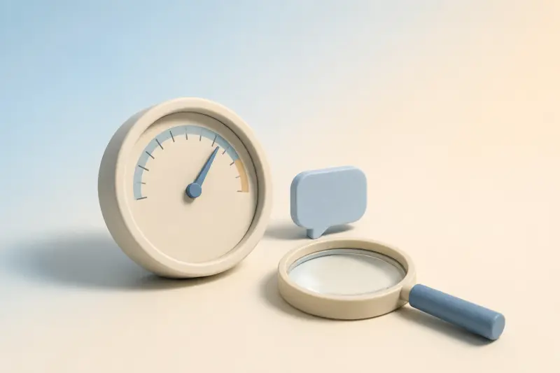 Ilustración minimalista en tonos azules pastel: un dial, un bocadillo y una lupa.