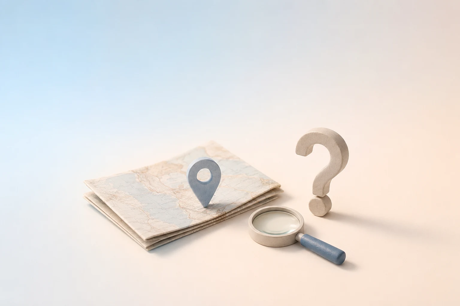 Ilustración minimalista en tonos azules pastel: un mapa, una lupa y un interrogante.