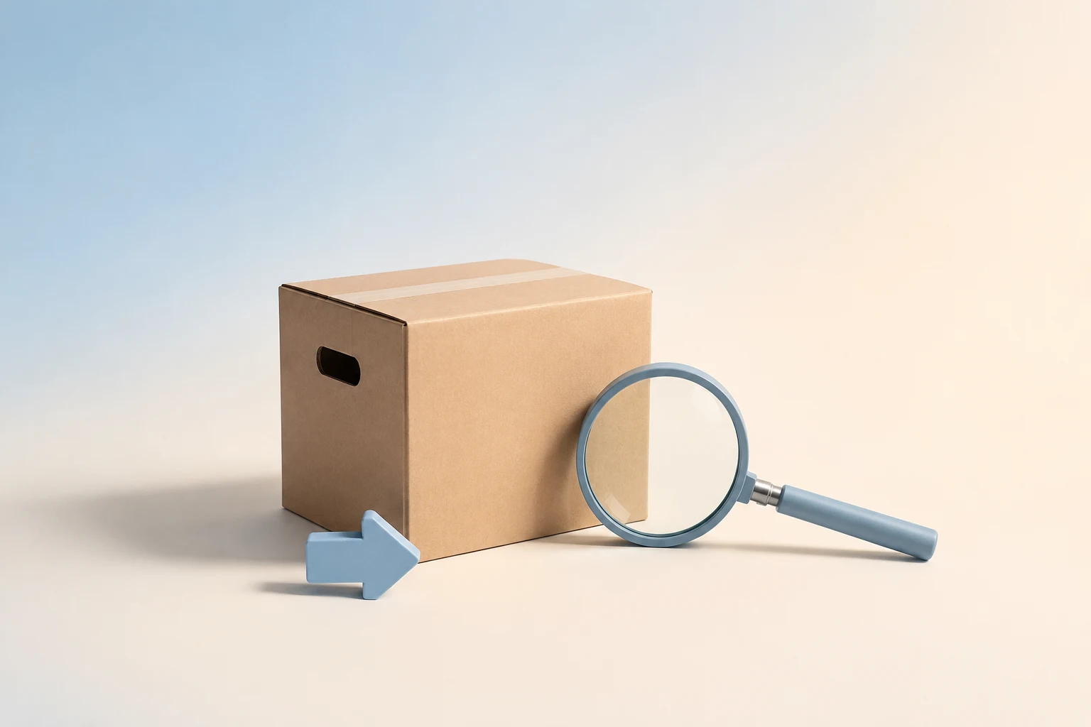 Ilustración minimalista en tonos azules pastel: una caja de mudanza, una flecha y una lupa.