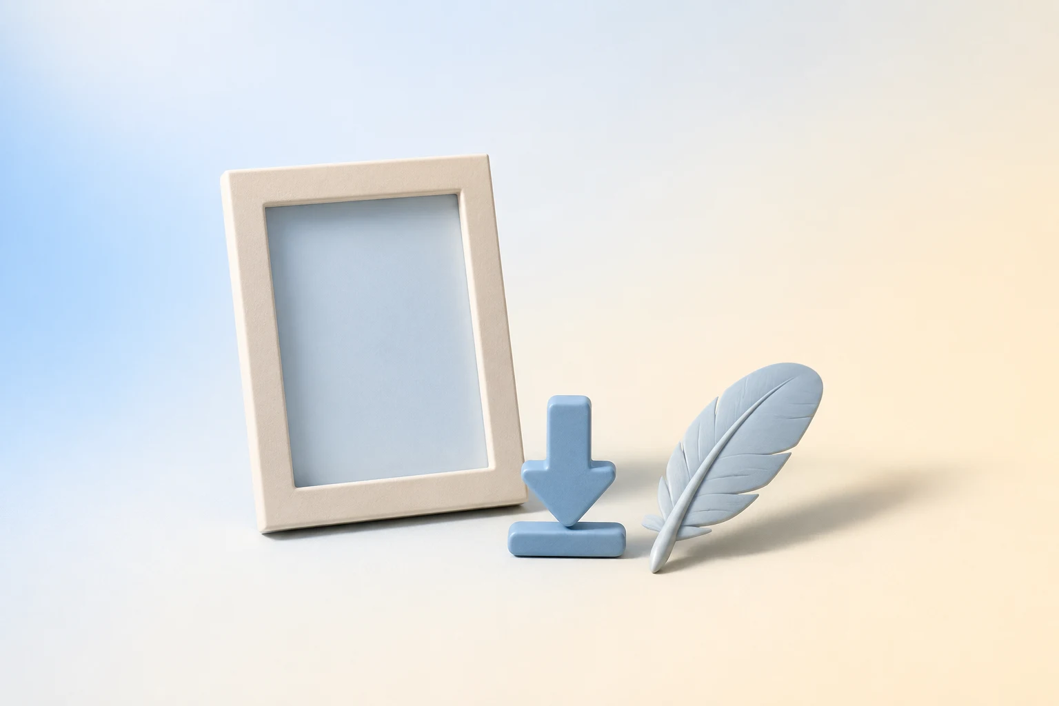 Ilustración minimalista en tonos azules pastel: un marco, una flecha de compresión y una pluma.