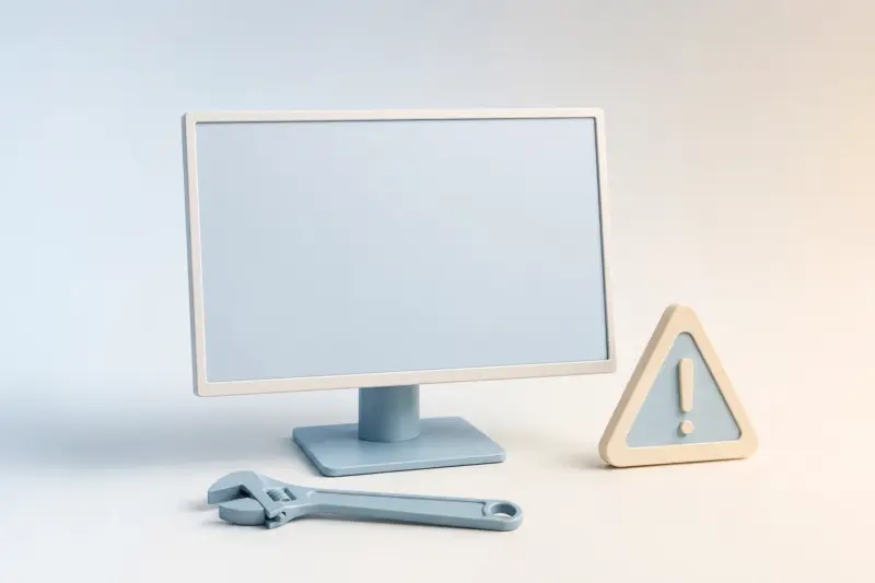 Ilustración minimalista en tonos azules pastel: una pantalla en blanco, un aviso y una llave.