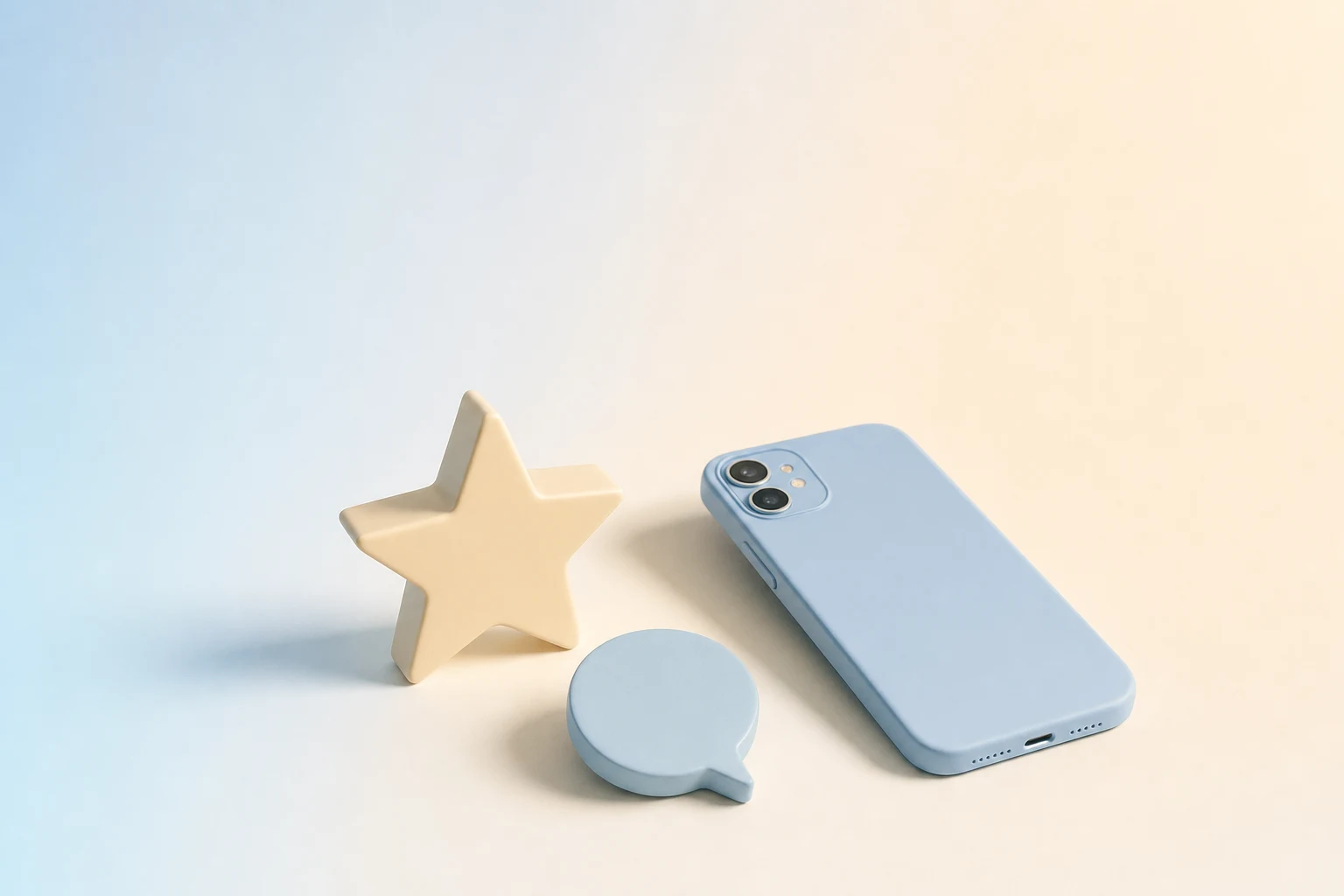 Ilustración minimalista en tonos azules pastel: una estrella, un bocadillo y un móvil.