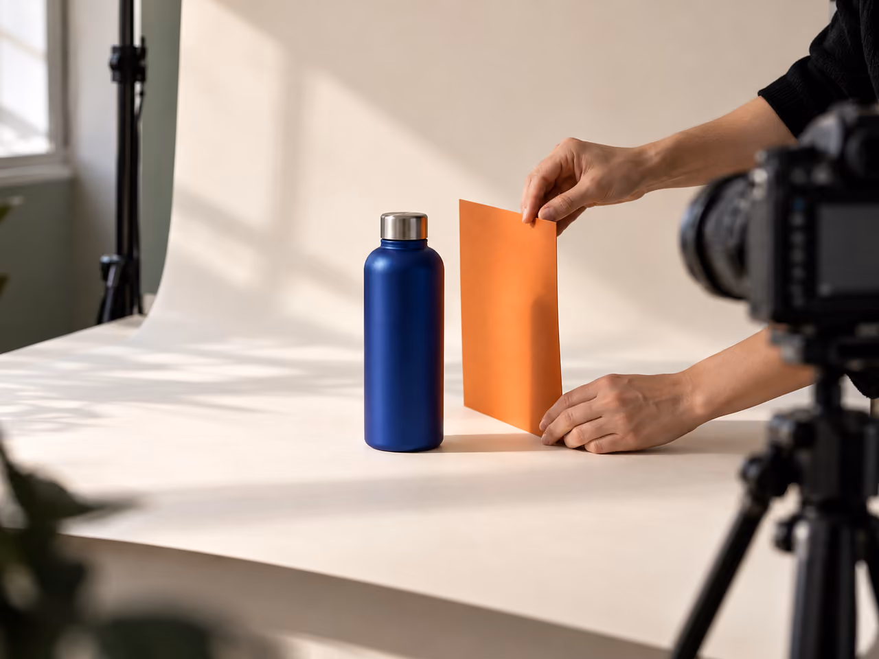 Manos ajustando un reflector naranja junto a una botella azul en una sesión de fotografía de producto