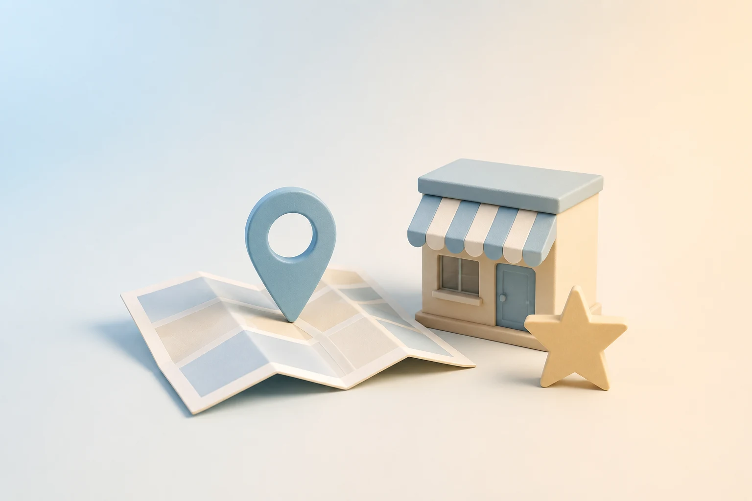 Ilustración minimalista en tonos azules pastel: un mapa con marcador, una tienda y una estrella.