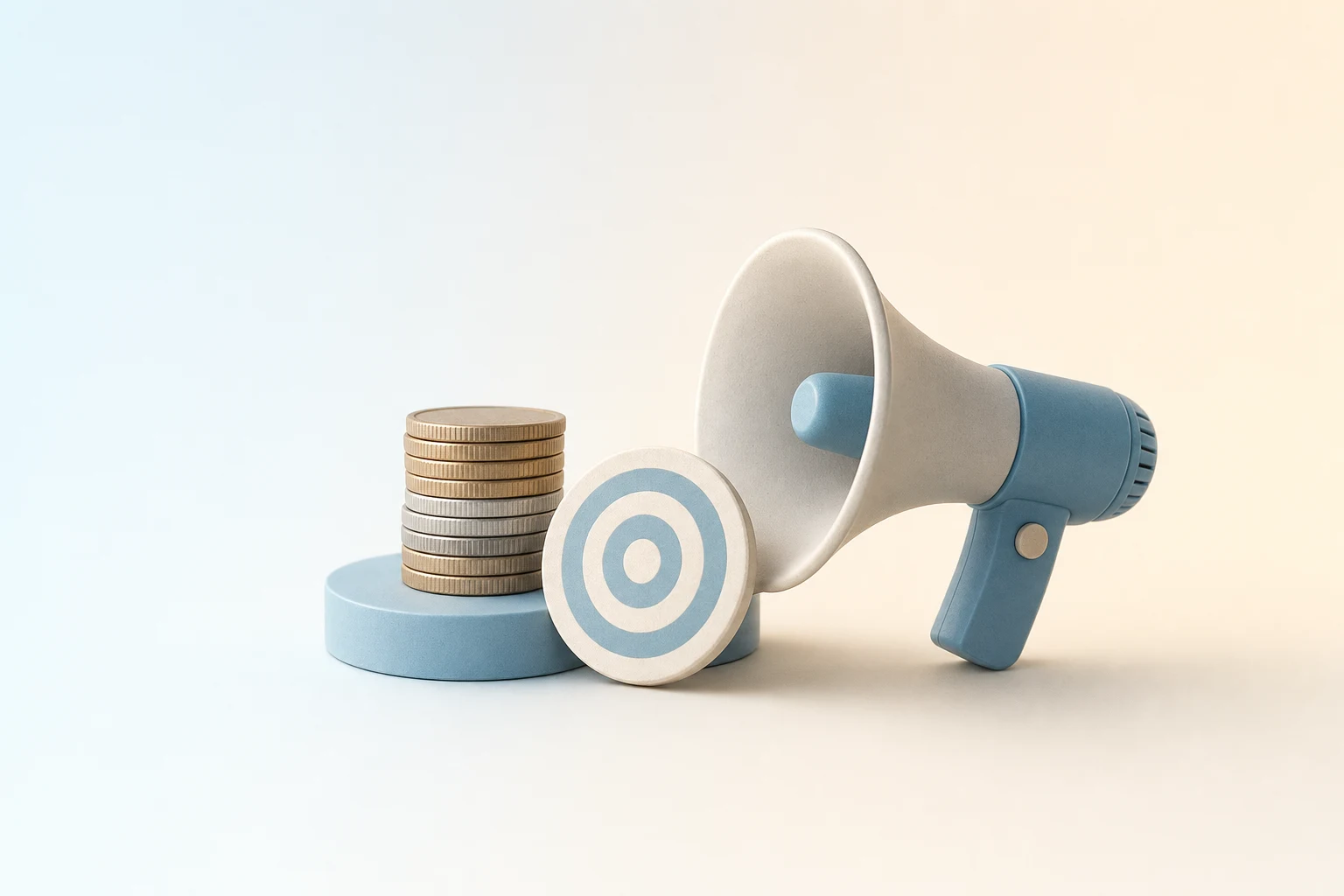 Ilustración minimalista en tonos azules pastel: monedas, una diana y un megáfono.