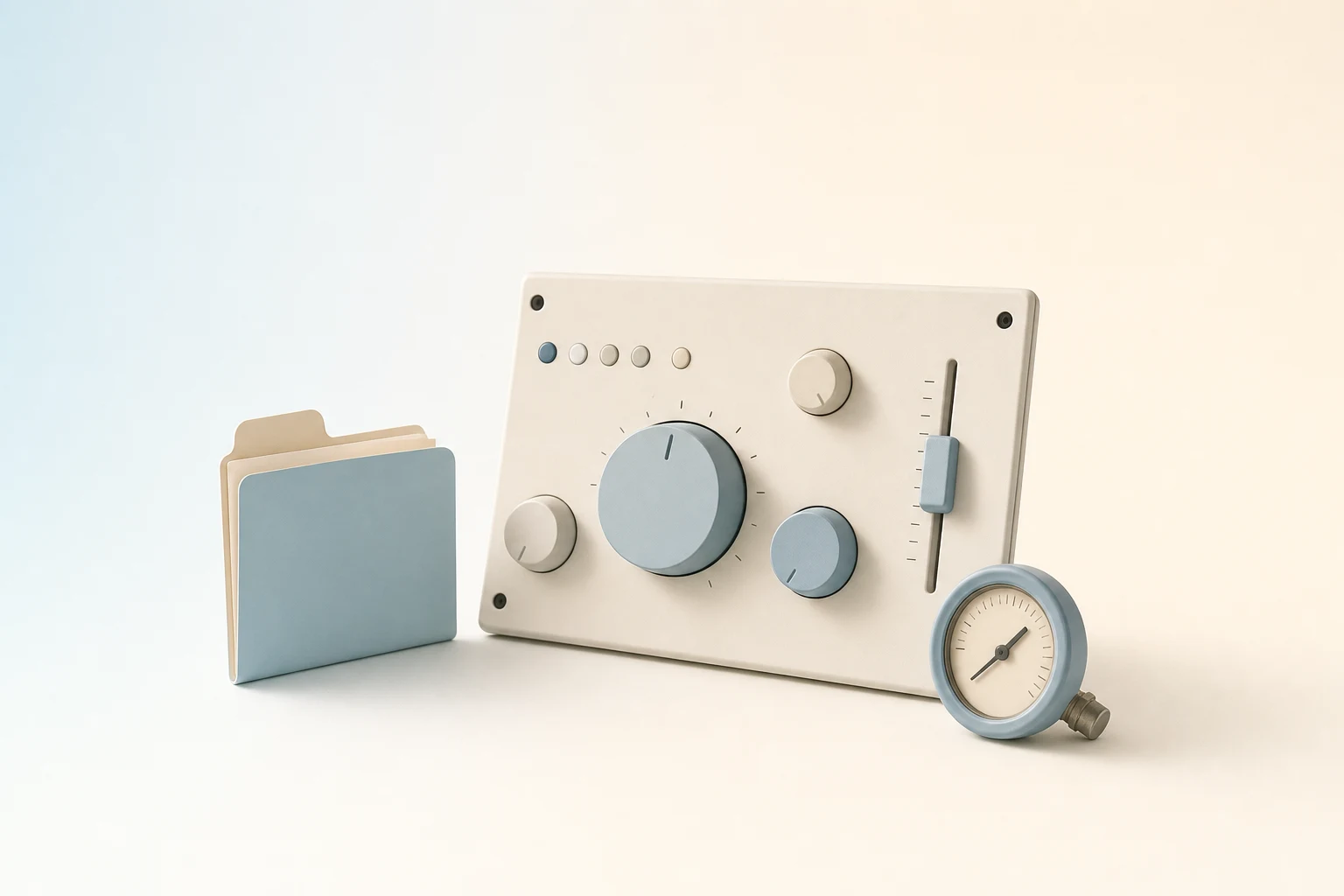 Ilustración minimalista en tonos azules pastel: un panel con mandos, una carpeta y un indicador.