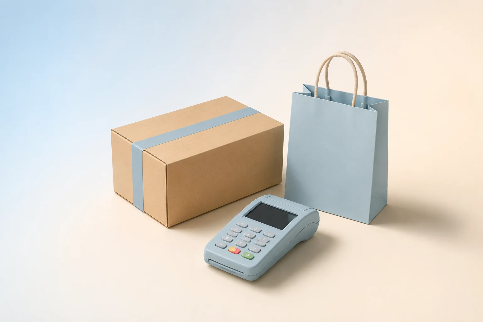 Ilustración minimalista en tonos azules pastel: un paquete, una bolsa y un datáfono.