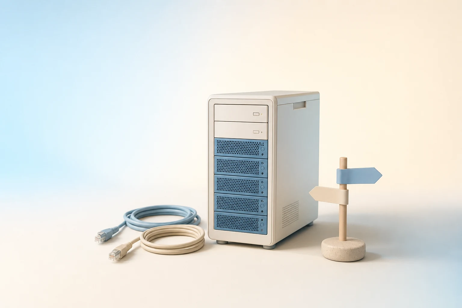 Ilustración minimalista en tonos azules pastel: un servidor, cables y una señal.