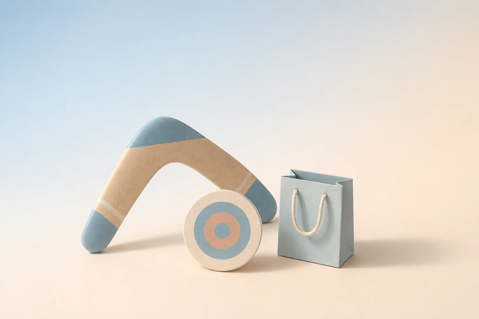 Ilustración minimalista en tonos azules pastel: un boomerang, una diana y una bolsa.