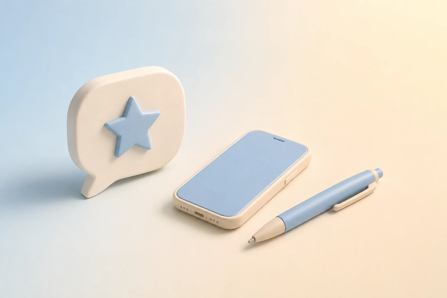 Ilustración minimalista en tonos azules pastel: un bocadillo con estrella, un móvil y un bolígrafo.