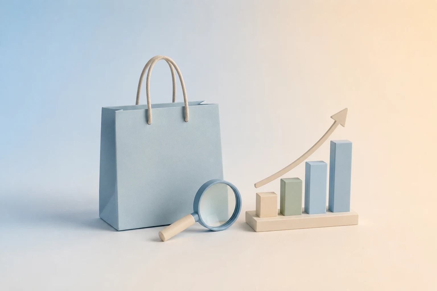Ilustración minimalista en tonos azules pastel: una bolsa, una lupa y un gráfico.