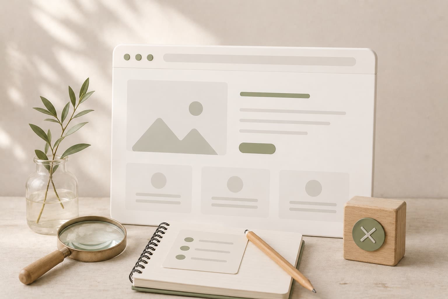 Maqueta web minimalista en escritorio con accesorios