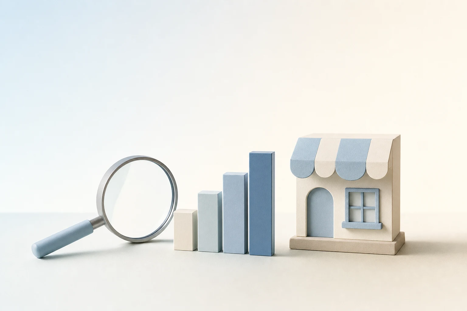 Ilustración minimalista en tonos azules pastel: una lupa, un gráfico y una tienda.