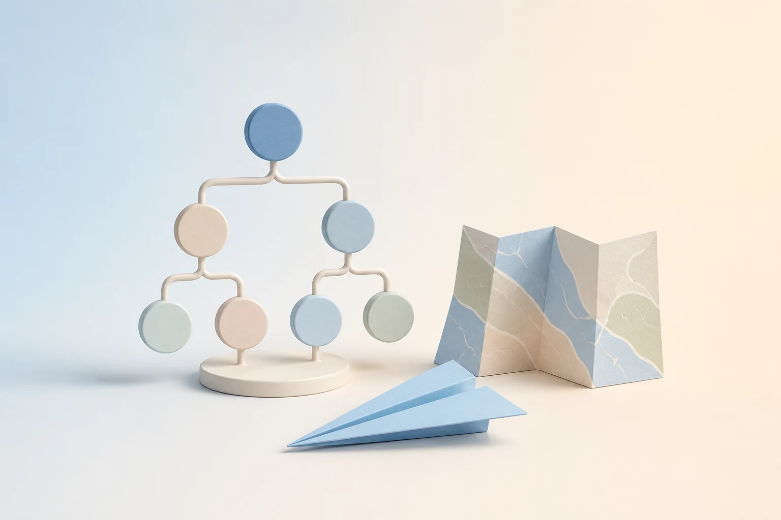 Ilustración minimalista en tonos azules pastel: un árbol de nodos, un mapa y un avión de papel.