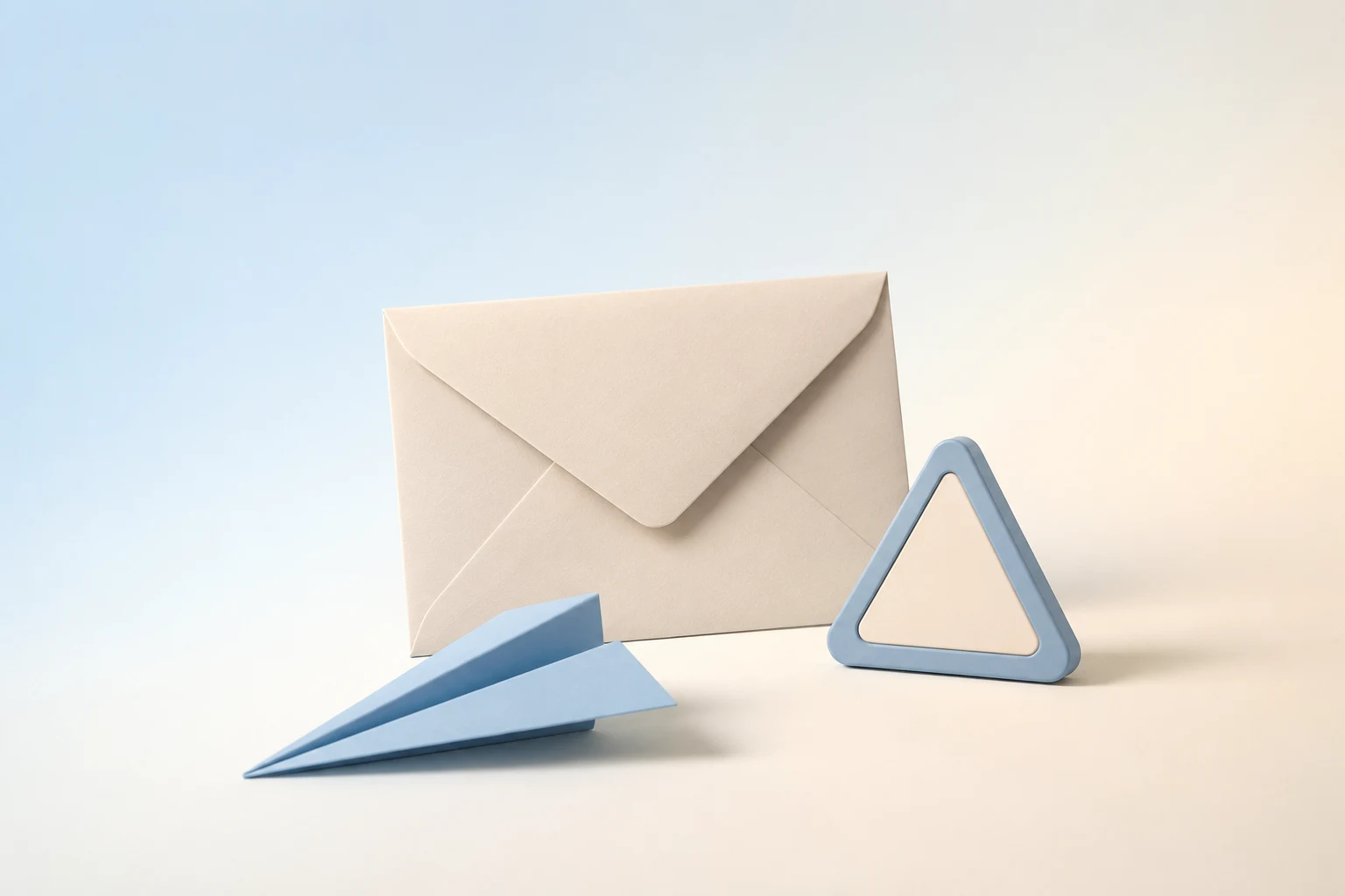 Ilustración minimalista en tonos azules pastel: un sobre, un avión de papel y un aviso.
