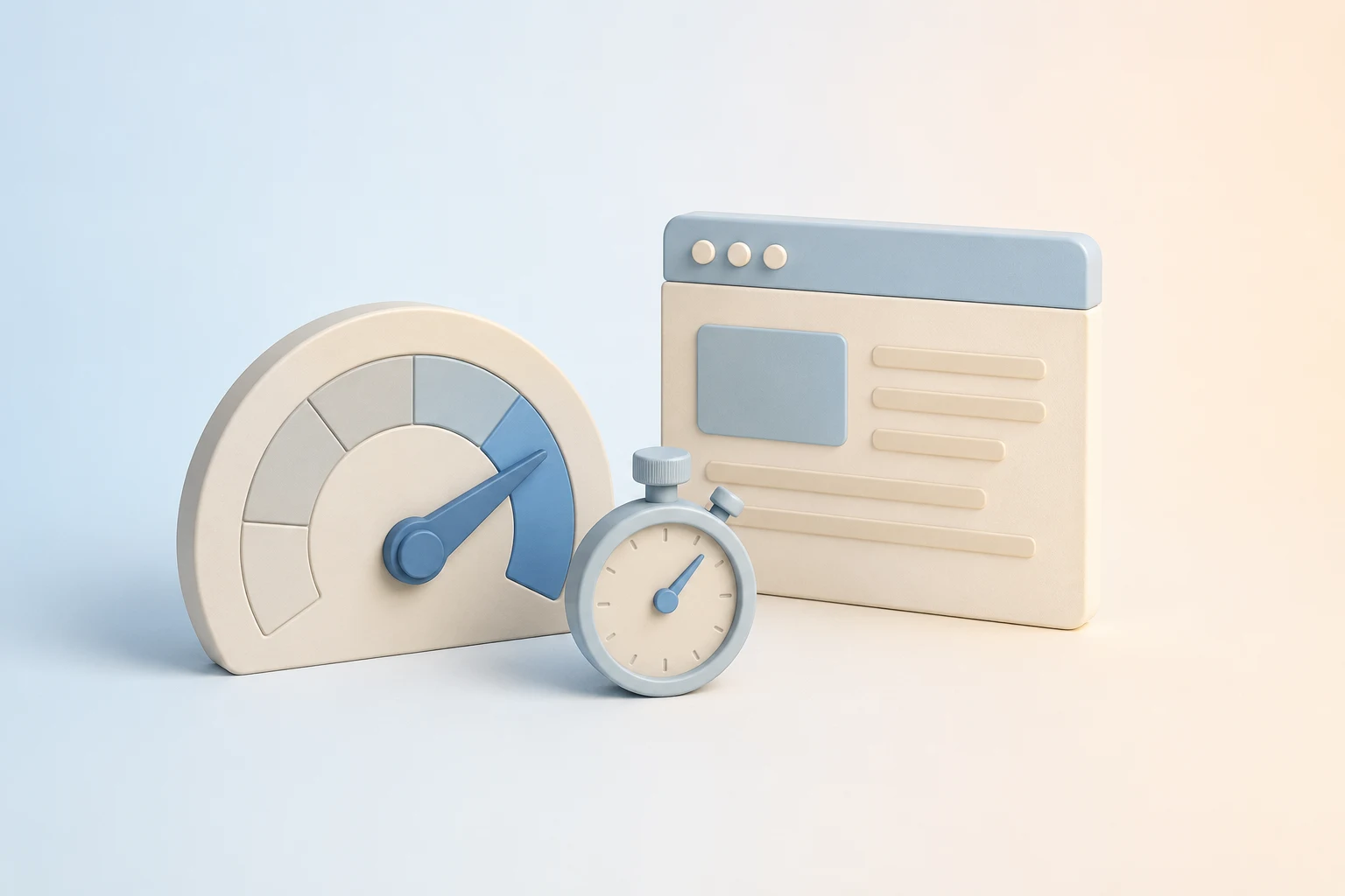 Ilustración minimalista en tonos azules pastel: un velocímetro, un cronómetro y un navegador.