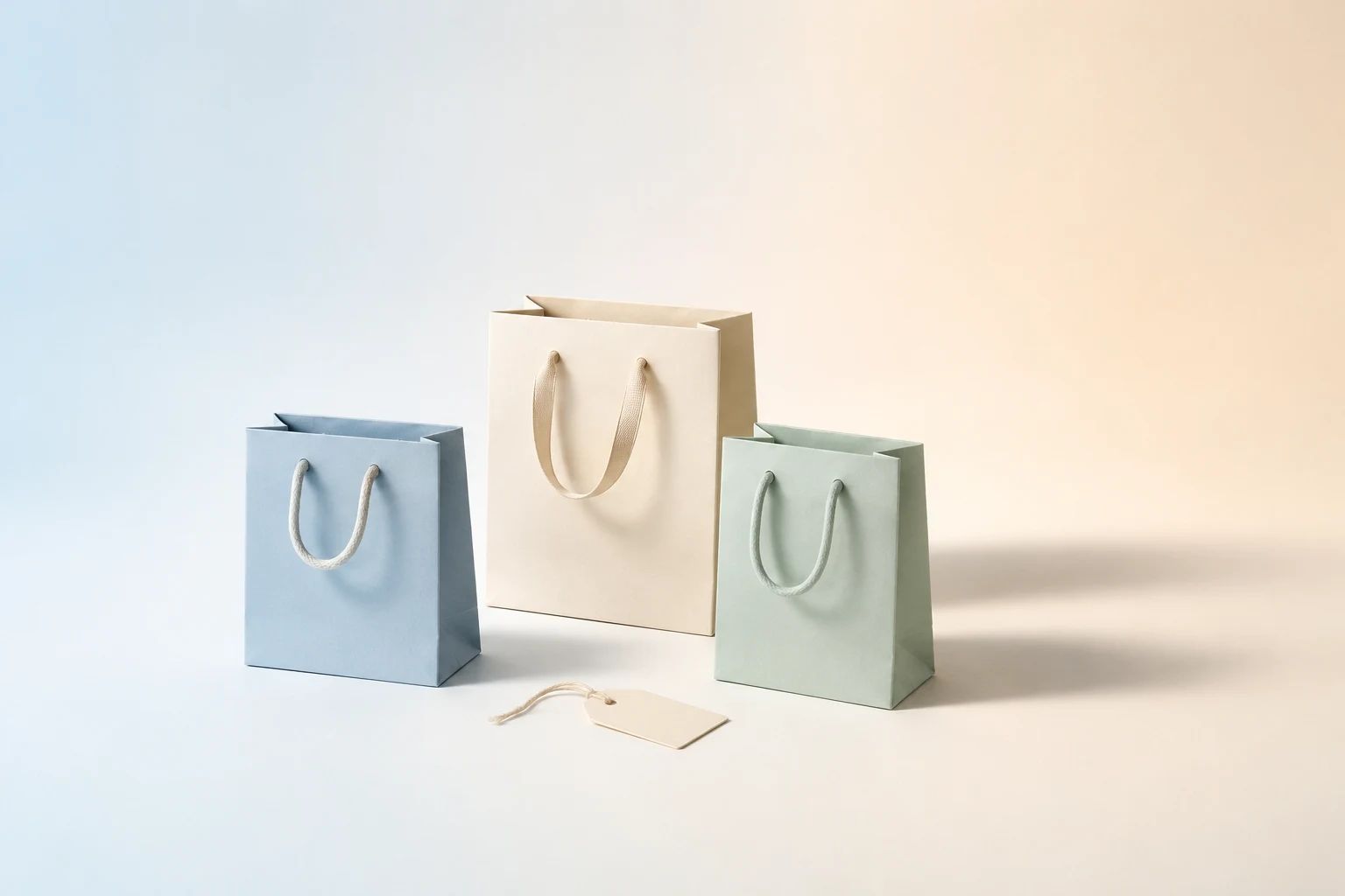 Ilustración minimalista en tonos azules pastel: tres bolsas y una etiqueta.