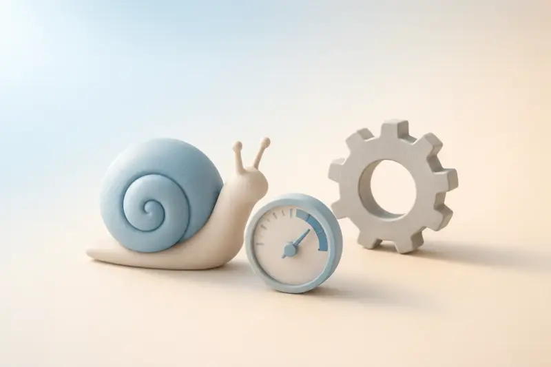 Ilustración minimalista en tonos azules pastel: un caracol, un velocímetro y un engranaje.