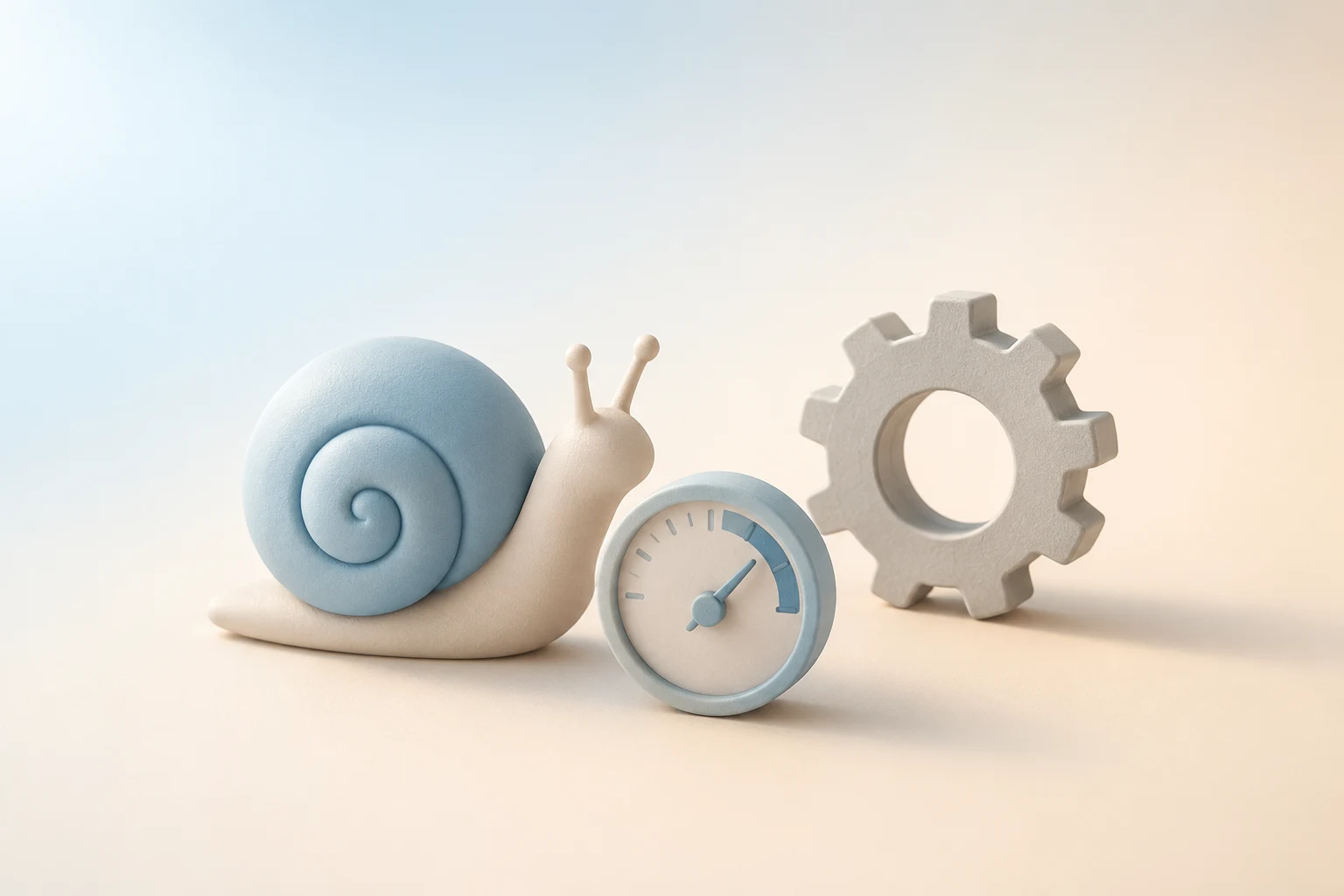 Ilustración minimalista en tonos azules pastel: un caracol, un velocímetro y un engranaje.